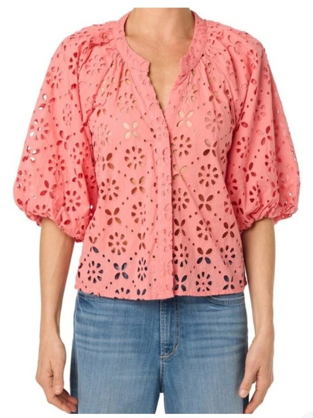 Joe's Jeans Coral Pink Eyelet Puff-Sleeve Button Blouse